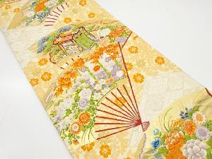 アンティーク 扇に御所車・几帳・草花模様織り出し袋帯(材料)